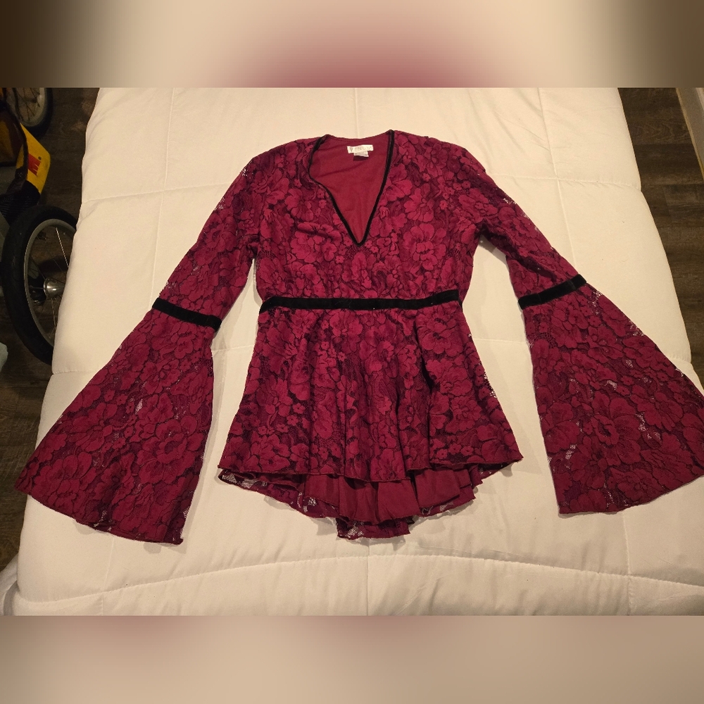Burgundy Lace Bell Sleeve Top